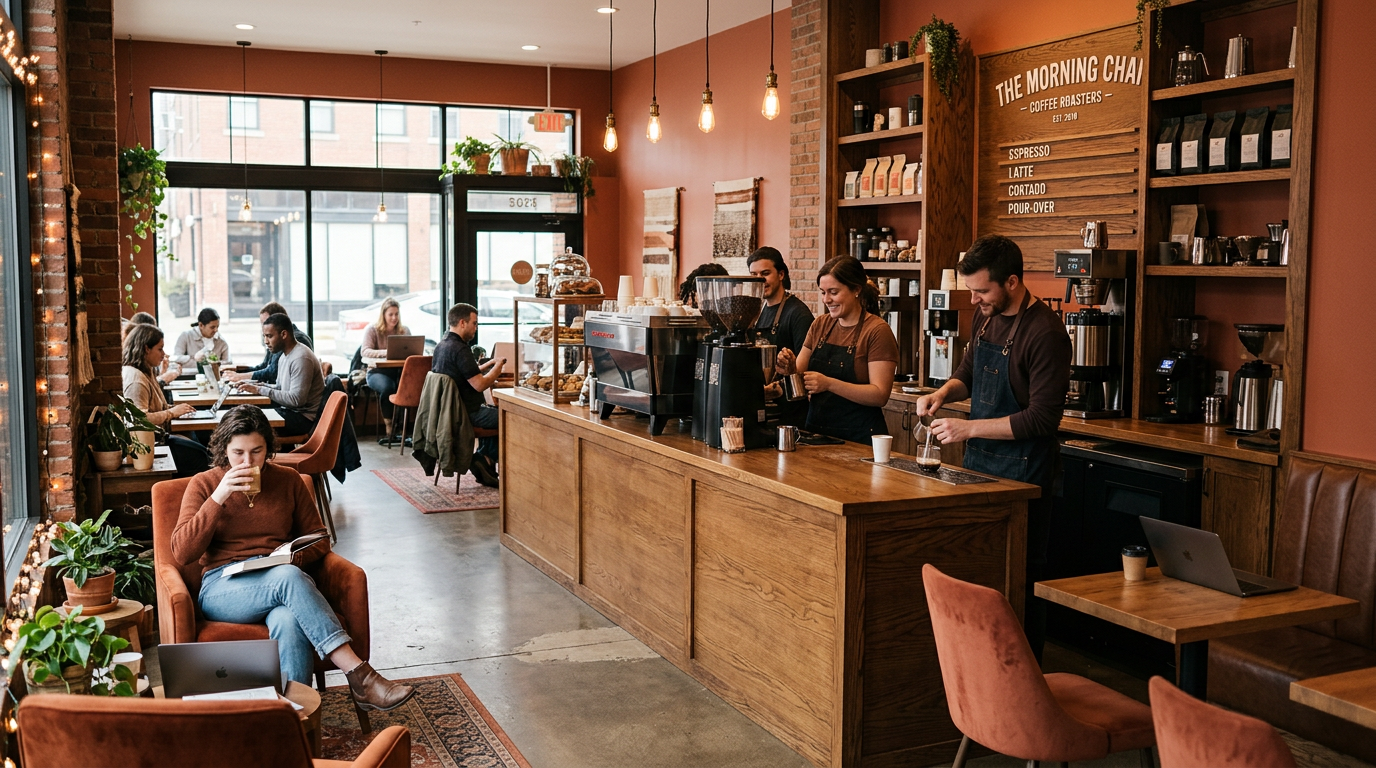 Warm atmospheric interior of Corner Roast café