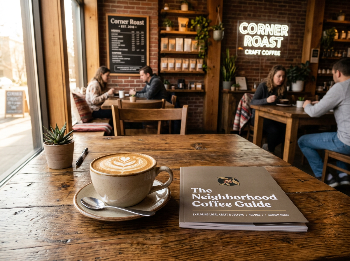 Fresh latte and printed copy of The Neighborhood Coffee Guide at Corner Roast
